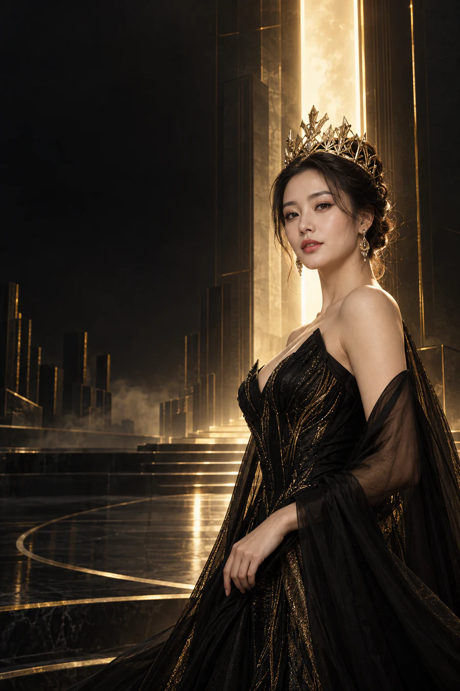 身着黑金礼服与皇冠的华人选美参赛者